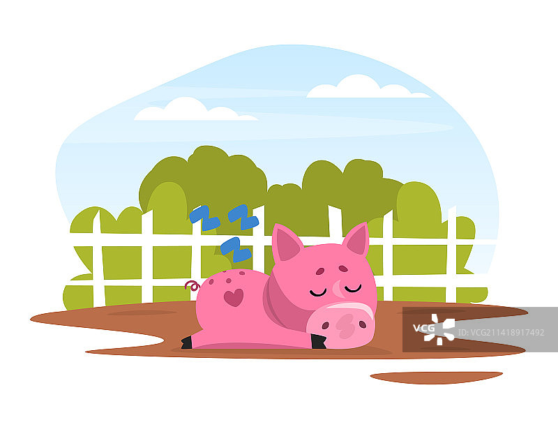 躺在泥坑里的滑稽粉红色小猪图片素材