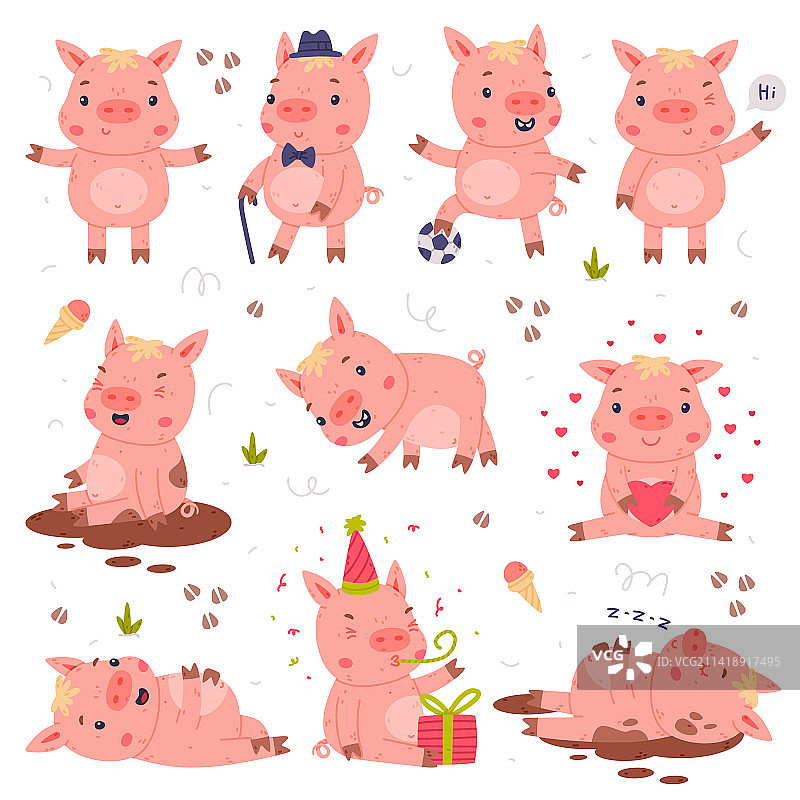 从事不同活动的有趣粉红猪角色图片素材