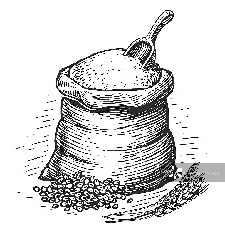 装满面粉的袋子与木制勺子 有机农产品图片素材