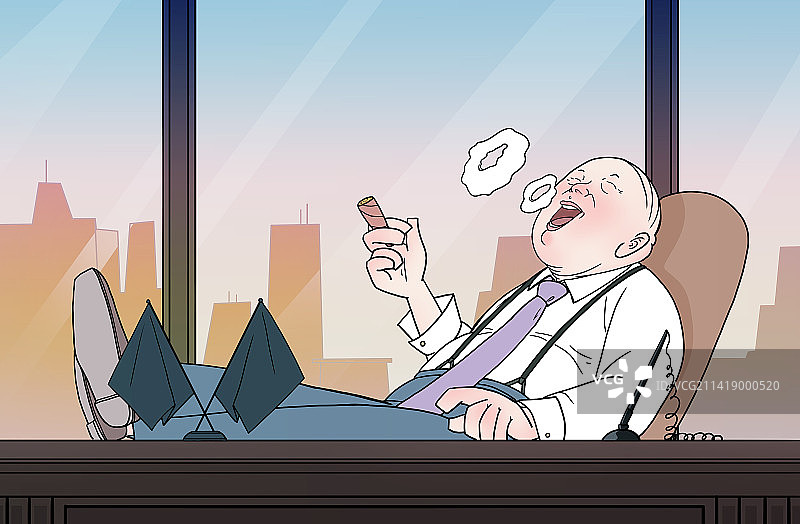 抽雪茄翘腿斜靠在椅子上吐烟圈的老板窗前欣赏城市风景图片素材