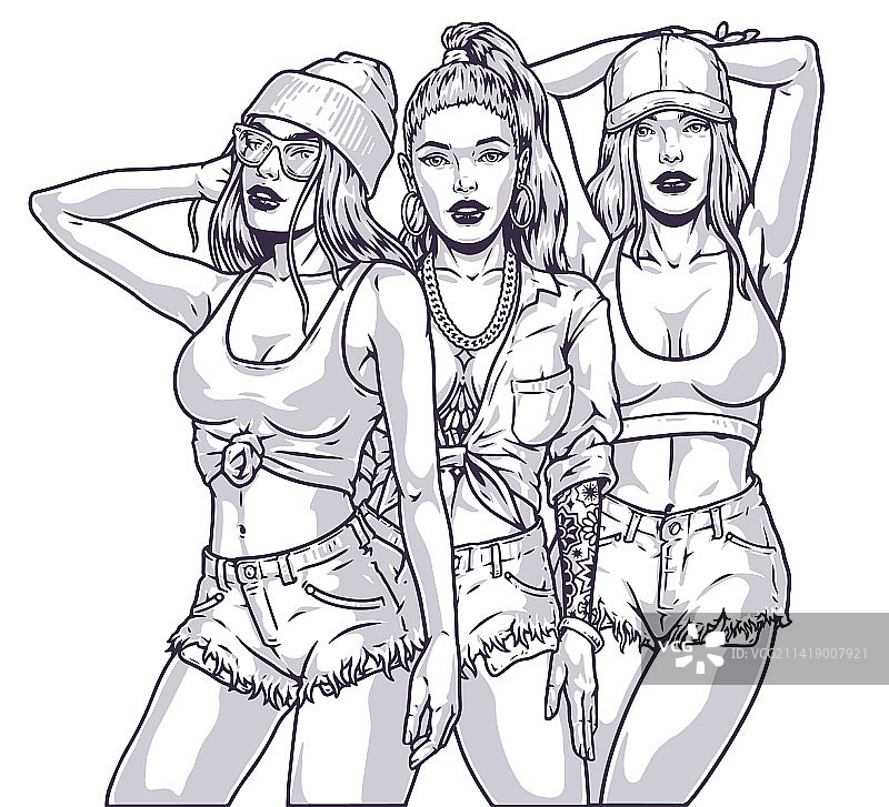 酷炫女孩朋友单色素描图片素材