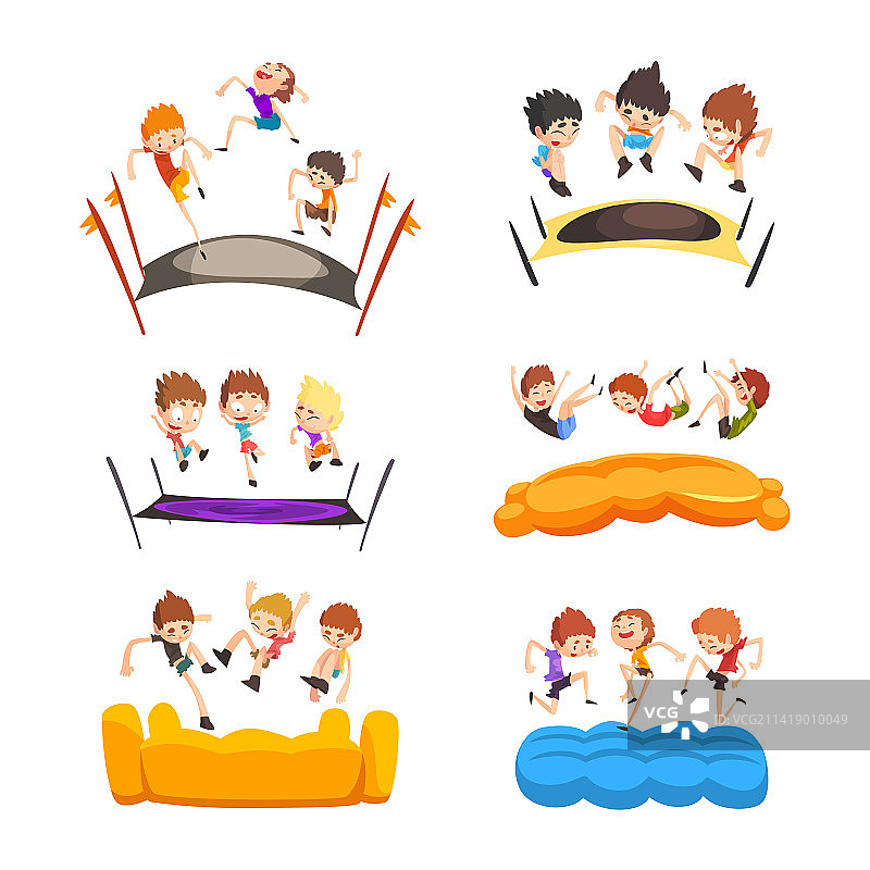 在蹦床上跳跃的兴奋男孩图片素材