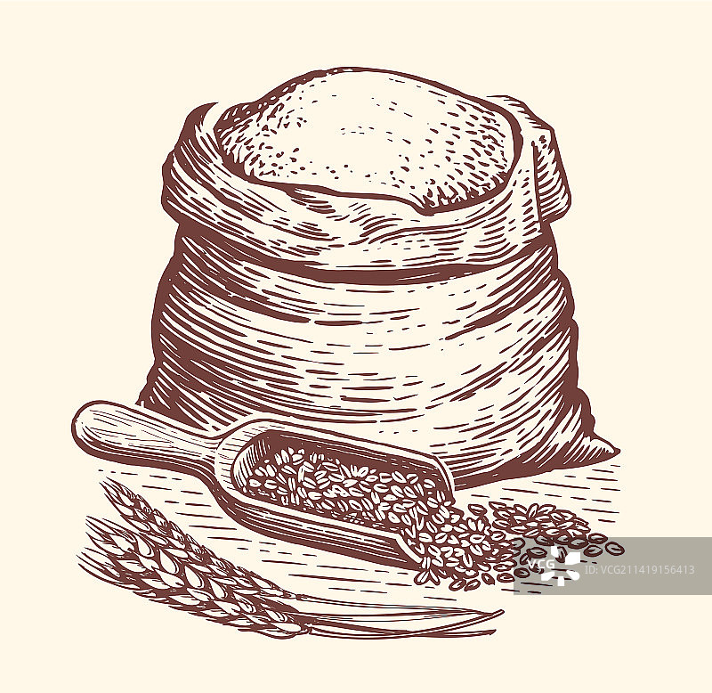 装满面粉的袋子和木勺图片素材