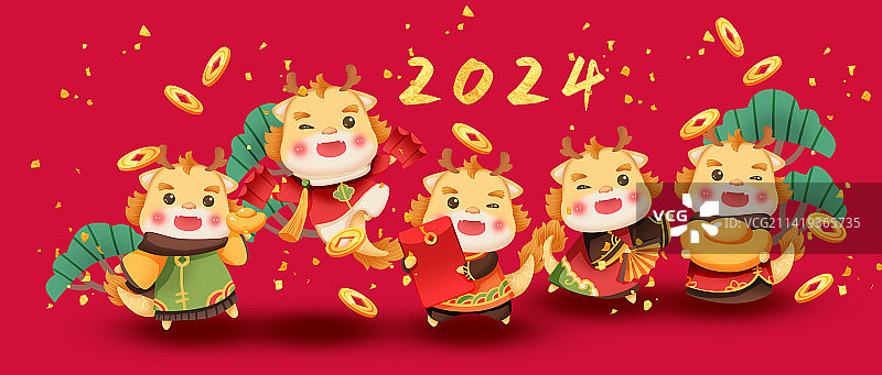 龙年生肖新年可爱插画海报图片素材