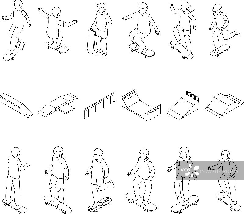 儿童滑板运动图标轮廓图片素材