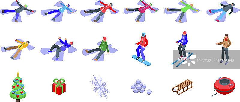 雪天使等距冬季图标集图片素材