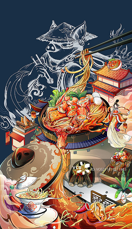 香辣肥肠面插画图片素材