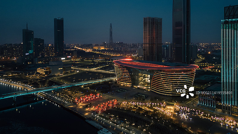 天津市滨海新区于家堡金融中心夜景航拍图片素材