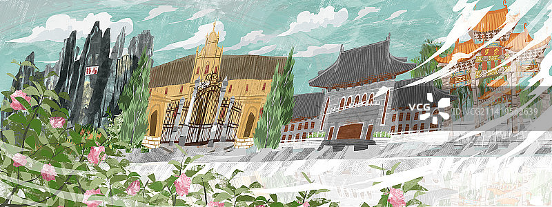 昆明城市地标建筑插画图片素材