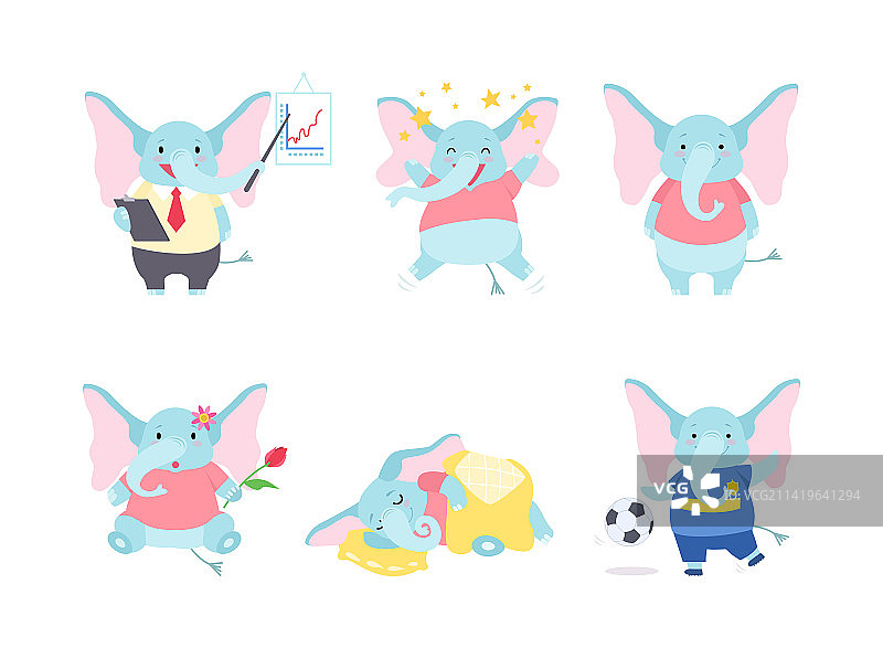 用象鼻进行各种活动的可爱蓝色大象图片素材