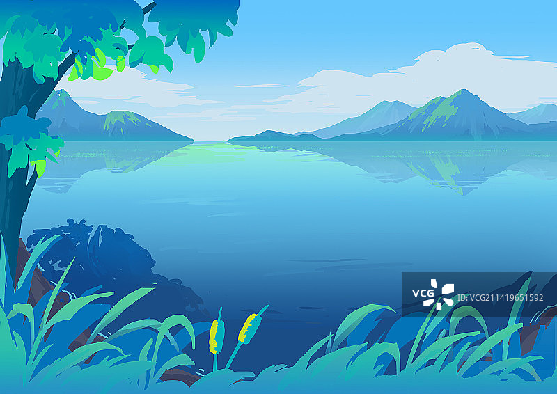 湖畔湖水湖面手绘插画图片素材