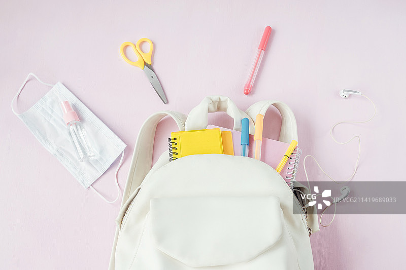 带口罩和消毒液的学生书包（俄罗斯）图片素材