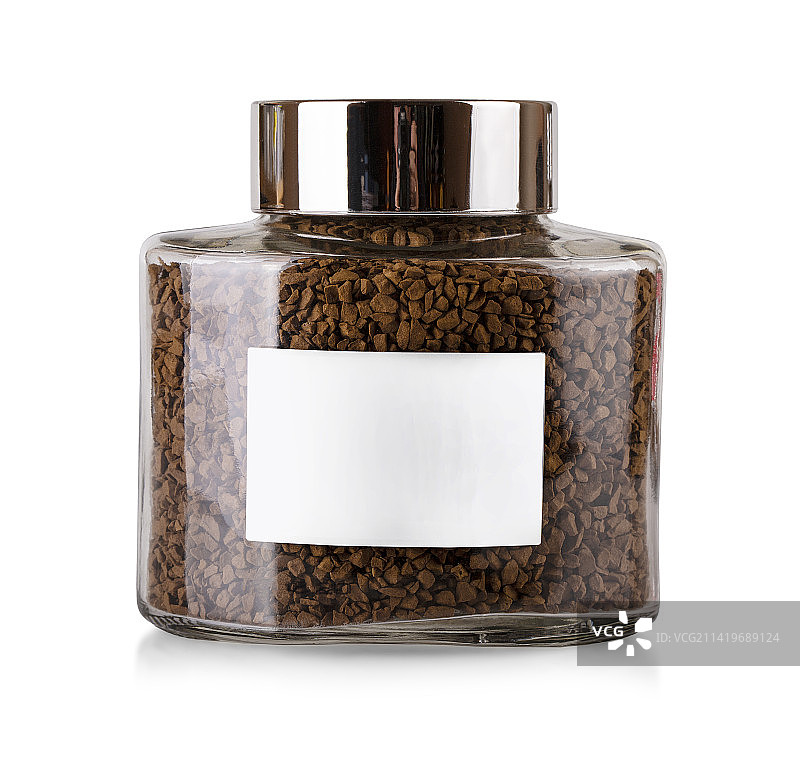 白色背景下的天然速溶咖啡玻璃罐图片素材