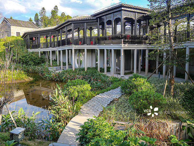 古代楼台园林庭院布景花园小道亭子工艺妙笔生花巧夺天工空中走廊古朴官寨风水格局江南明清风格公园博物馆图片素材