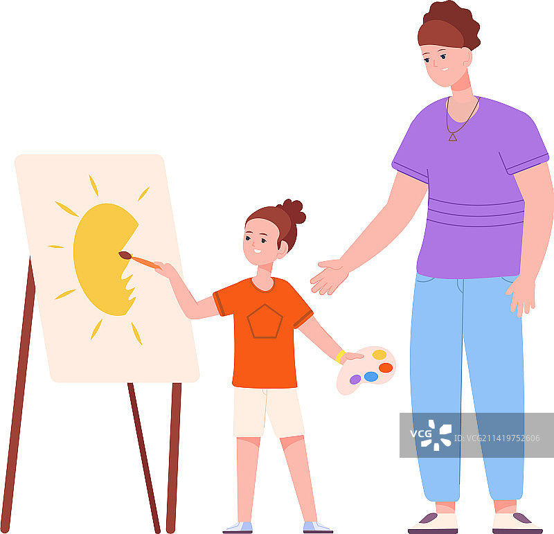 有创造力的孩子在画架上画太阳图片素材