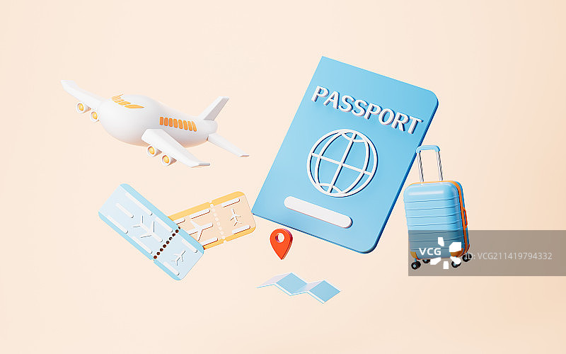 飞机票和行李箱3D渲染图片素材