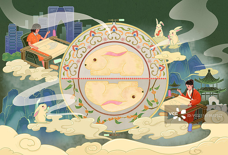 玉兔刺绣古今链接图片素材