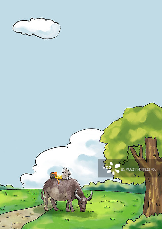 春日户外牧童骑黄牛图片素材