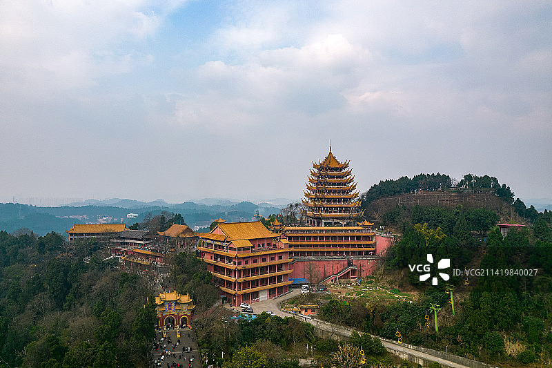中国四川省遂宁市灵泉寺观音阁航拍图片素材