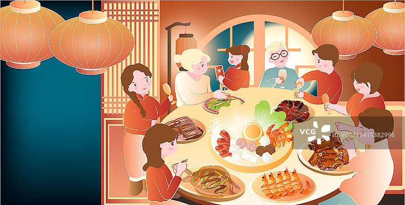 春节中秋节元宵节吃团圆饭的一家图片素材