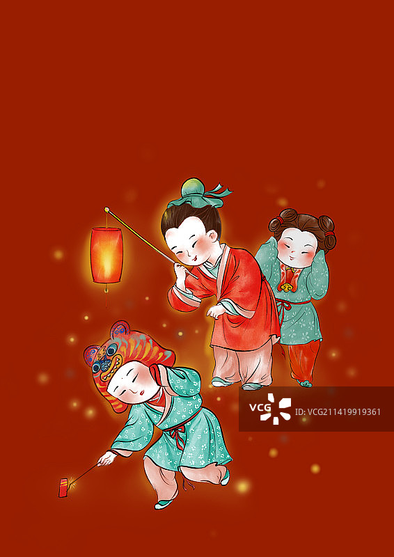 小孩过年提灯笼点爆竹玩耍古风插画图片素材