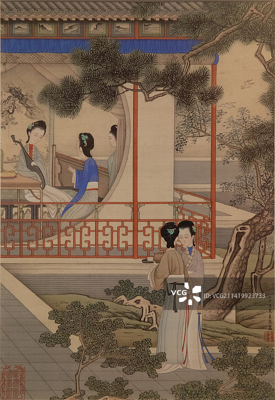 北京中国国家博物馆仕女图(十二开之九开)清代焦秉贞30.0X21.3cmX9故宫博物院藏品图片素材