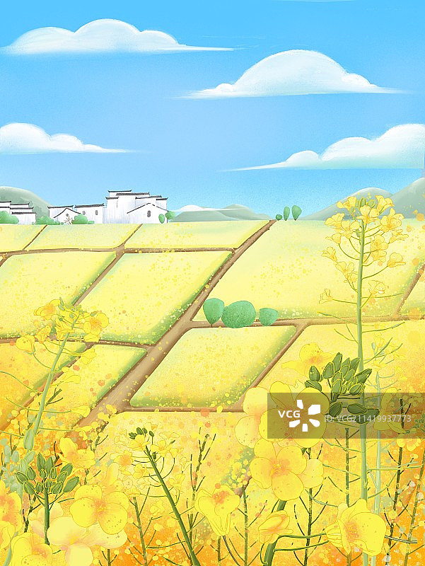 春天水彩自然风景背景江南水乡油菜花田图片素材