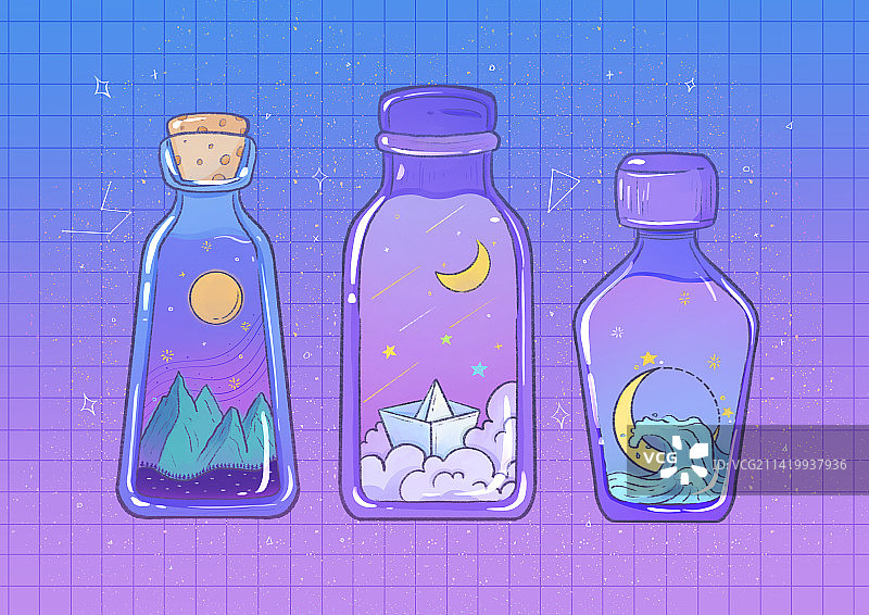 瓶中世界梦幻描边风格肌理插画图片素材
