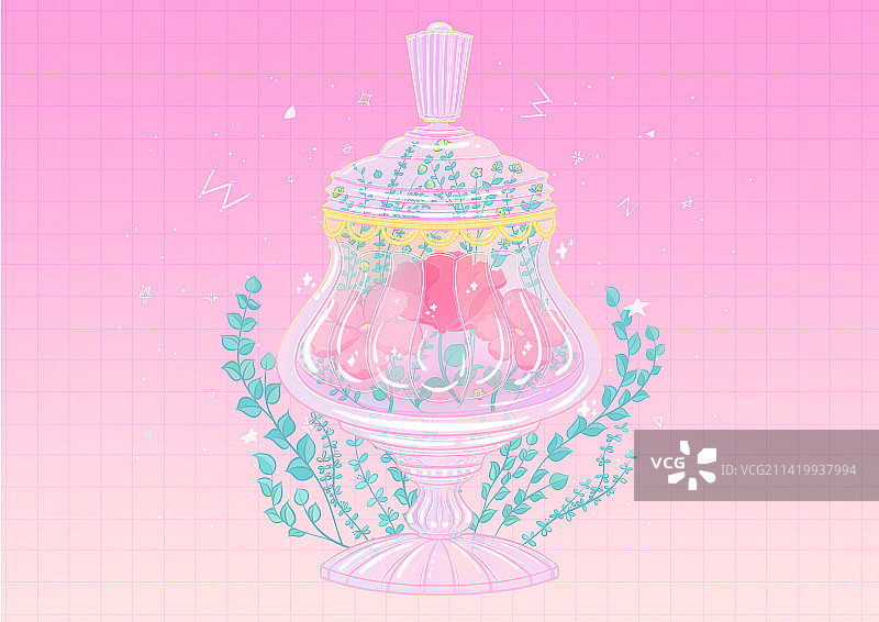 玻璃杯里的山茶花清新描边风格插画图片素材