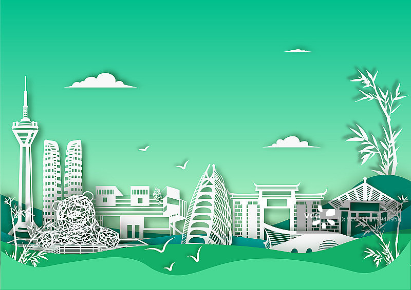 矢量剪纸风城市地标建筑背景成都图片素材