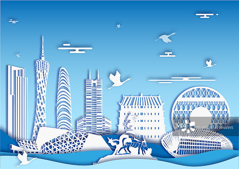 矢量剪纸风城市地标建筑背景广州图片素材