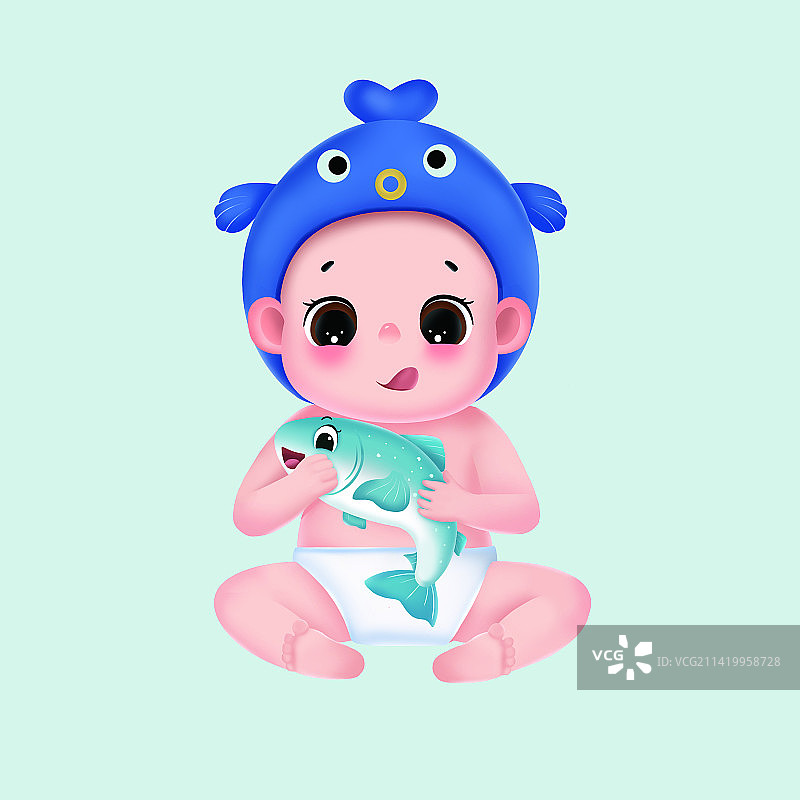 萌宝抱着鱼图片素材
