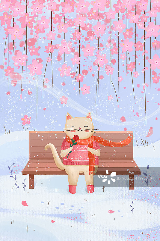 猫猫坐在樱花树下图片素材