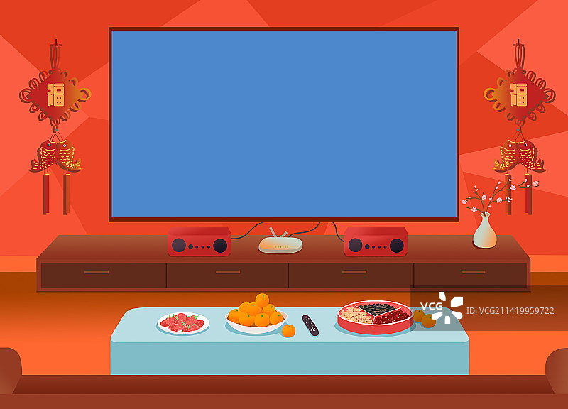 新年中式客厅家庭影院电视背景插画海报图片素材