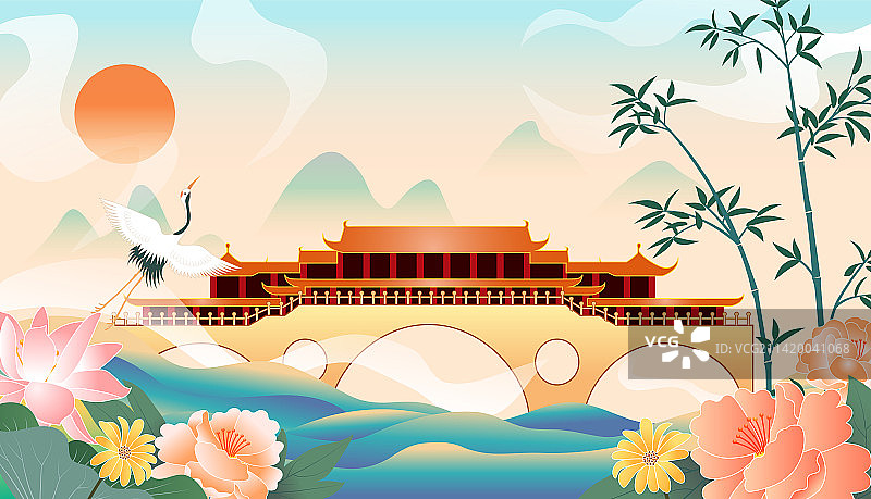 国潮国风手绘四川成都安顺廊桥旅游地标插画图片素材