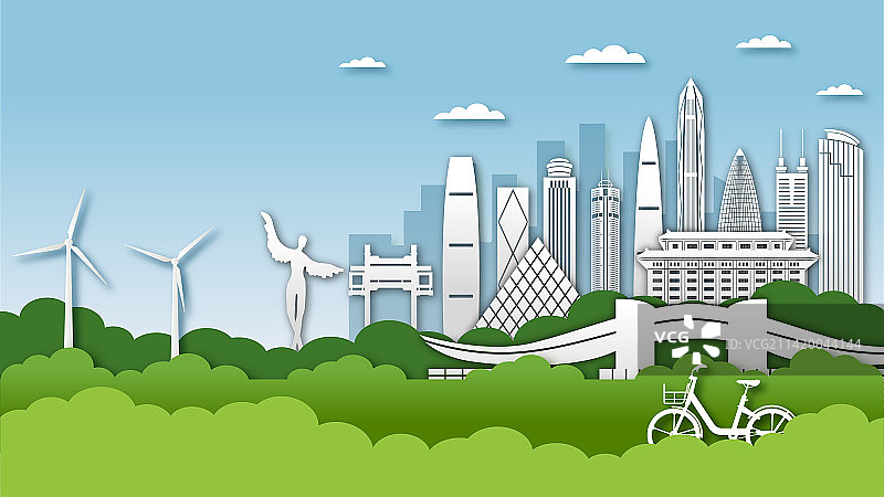 中国深圳市城市天际线剪纸风插画图片素材