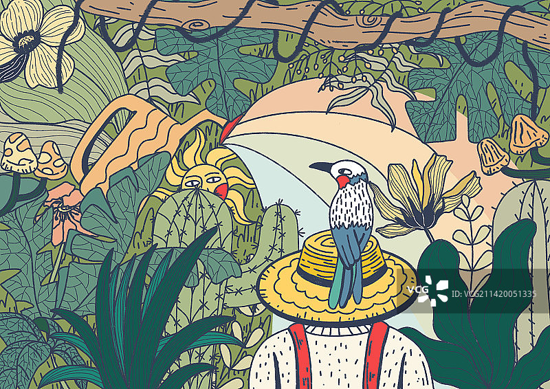 春意盎然绿色植物肌理描边潮流清新插画图片素材