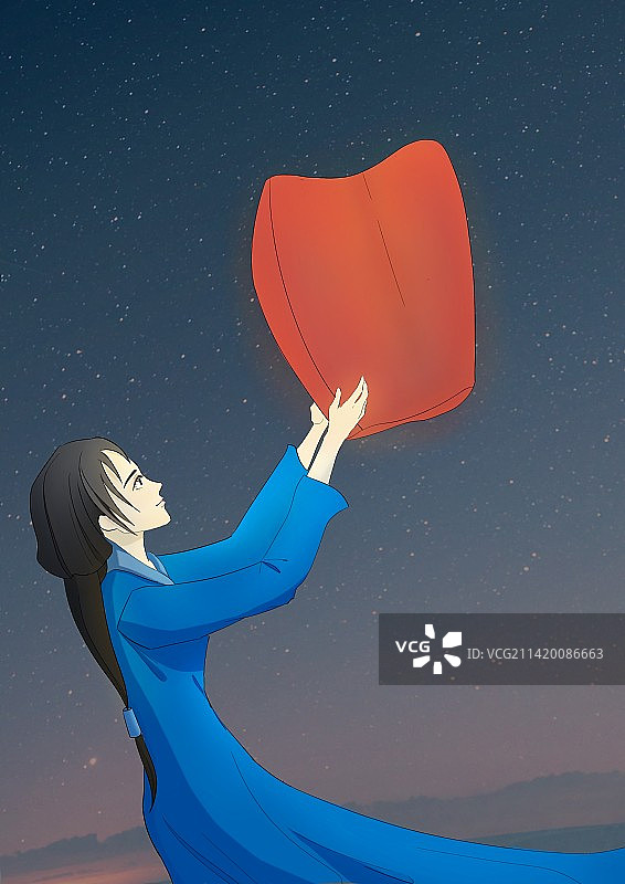 夜晚少女孔明灯国风插画图片素材