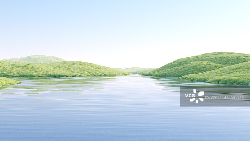 三维渲染的抽象草原湖泊地形图片素材