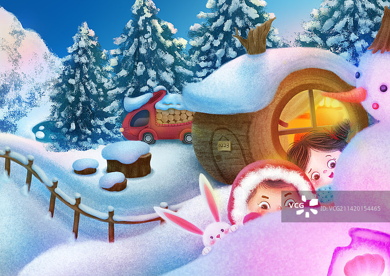 雪中森林童话小屋图片素材