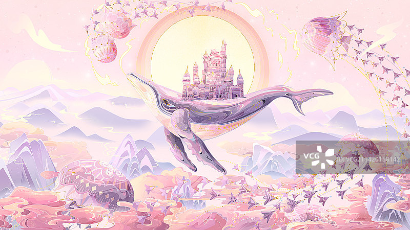 梦幻粉紫色鲸鱼水母横版图片素材