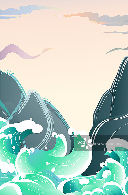 传统卡通国潮风格山川河流青绿图图片素材