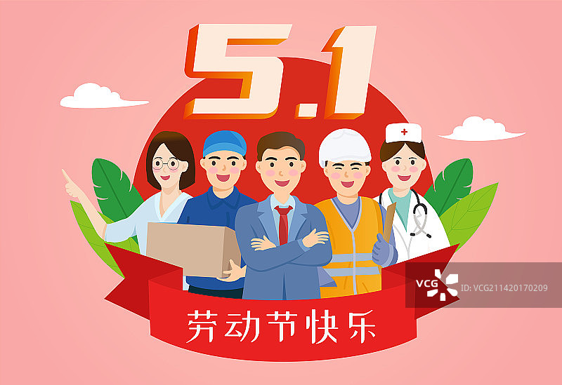 五一劳动节多种职业庆祝横版图片素材