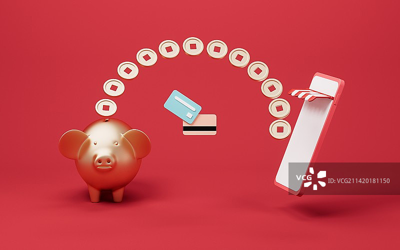 卡通金猪与银行卡手机商店3D渲染图片素材