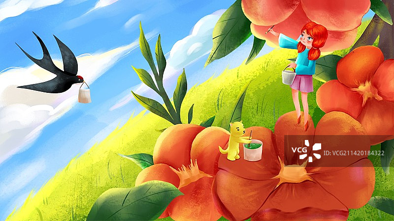 春季花丛中女孩 儿童插画图片素材