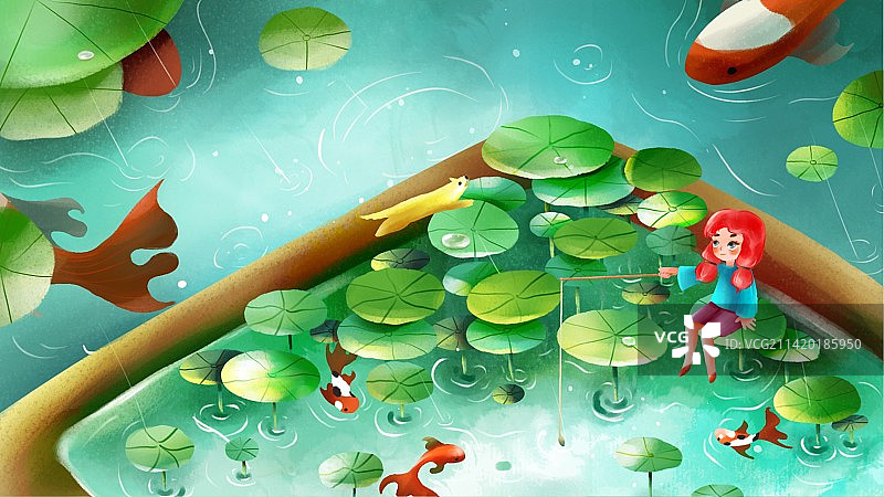 下雨天女孩坐在荷叶上钓鱼图片素材