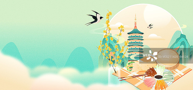 国风传统节气立春春天吃春饼矢量插画图片素材