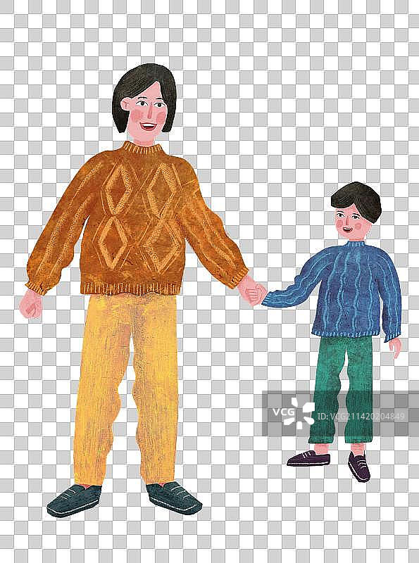 拼贴手绘风手拉手的大人和小孩图片素材