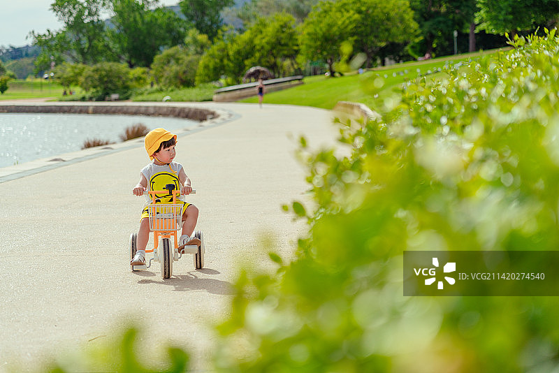 植物园湖畔骑三轮童车的小男孩图片素材
