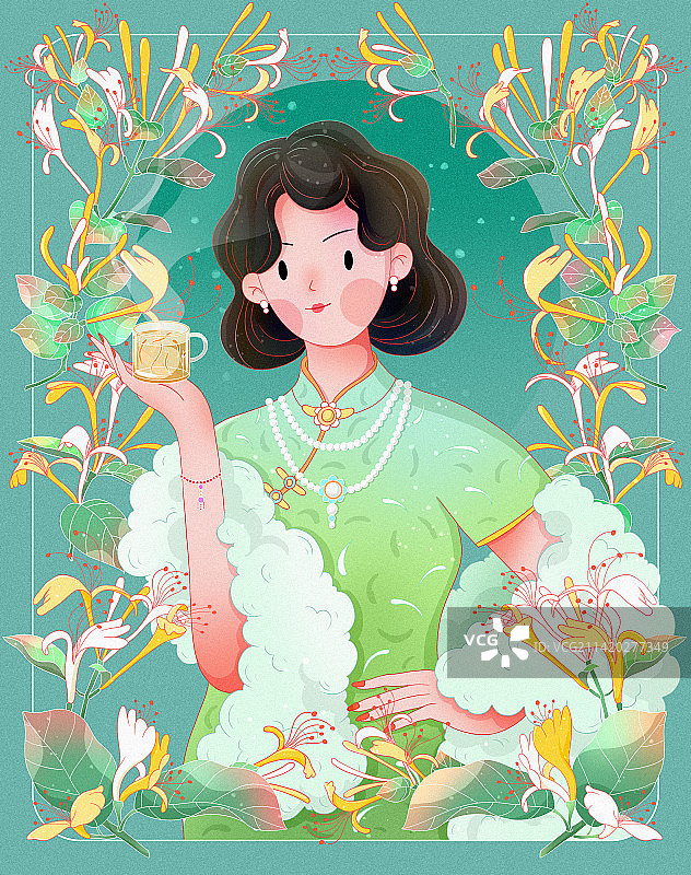 中国风花茶金银花茶旗袍美女包装插画图片素材